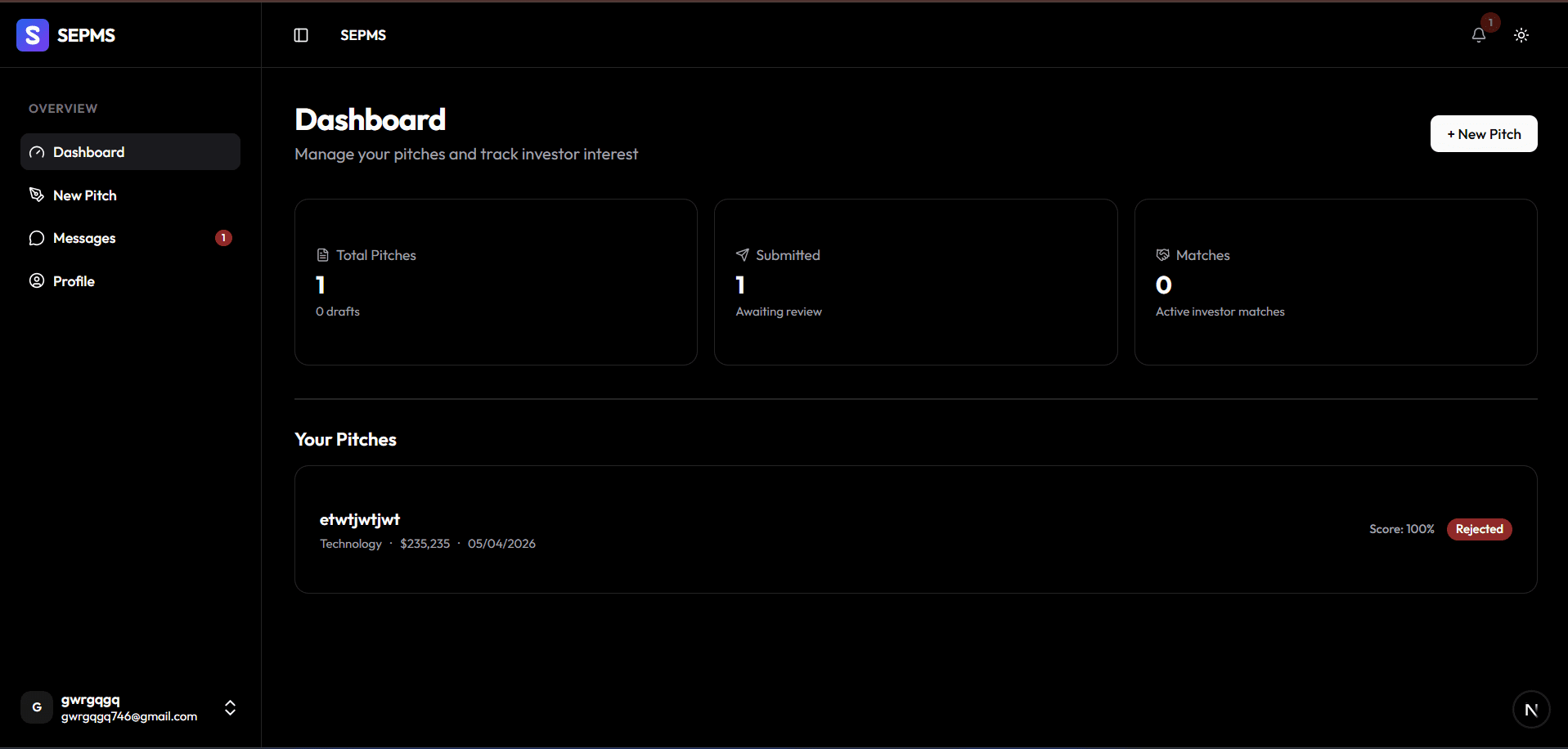SEPMS Platform Dashboard Mockup Dark